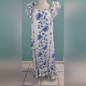 Ky's Hawaii White Blue Long Floral Dress  Sz XL??